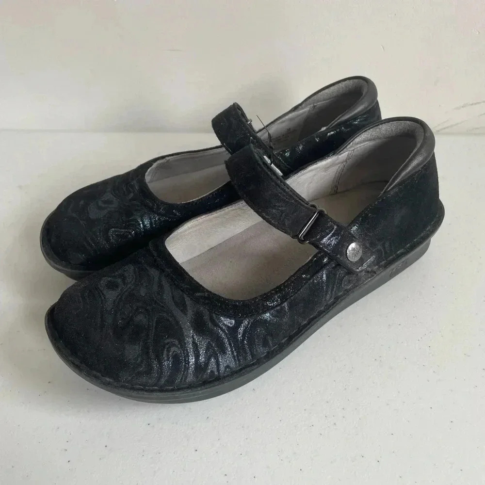 Alegria BEL-750 Belle Slickery Metallic Black Suede Mary Janes Shoes Sz 38 7-7.5